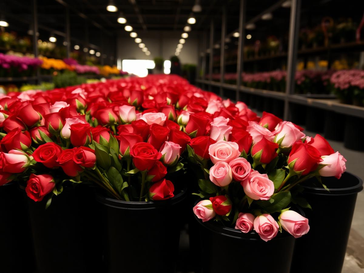 Fresh roses in black hydration buckets